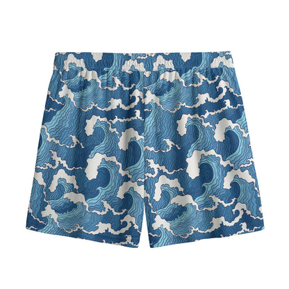 Blue Japanese Wave Pattern Print Mesh Shorts