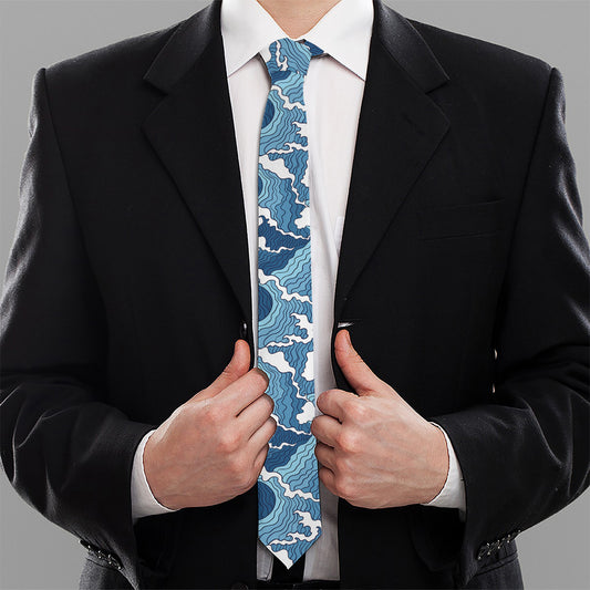 Blue Japanese Wave Pattern Print Necktie