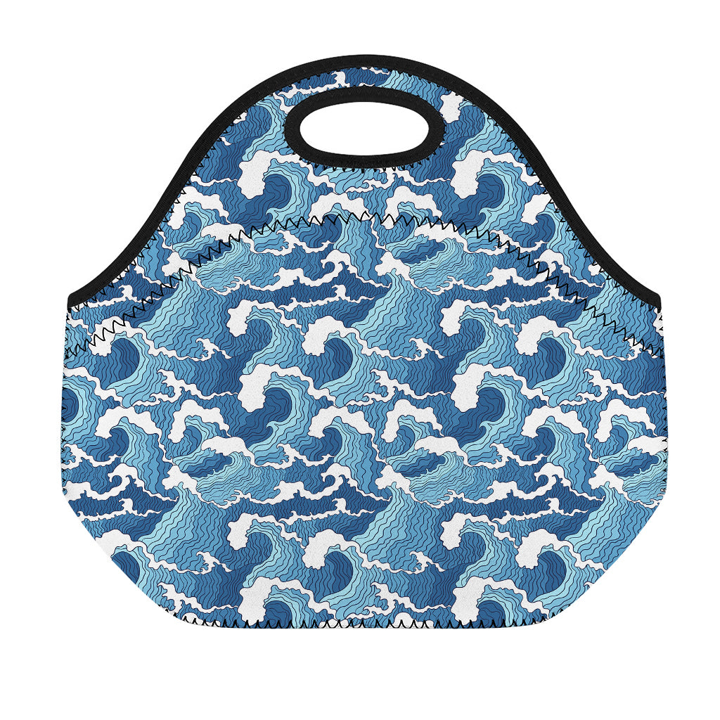 Blue Japanese Wave Pattern Print Neoprene Lunch Bag