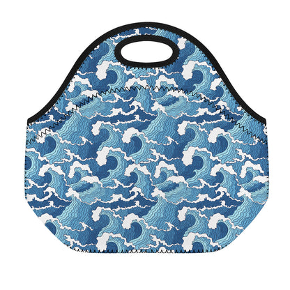 Blue Japanese Wave Pattern Print Neoprene Lunch Bag