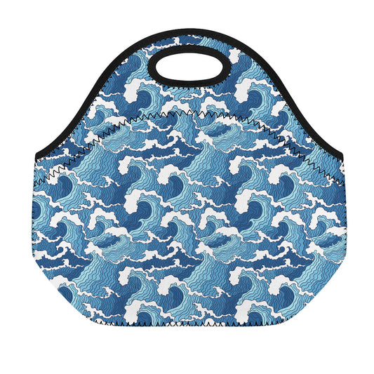 Blue Japanese Wave Pattern Print Neoprene Lunch Bag