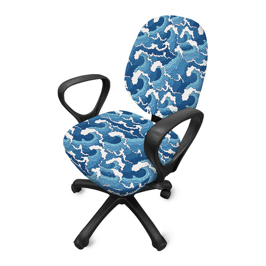 Blue Japanese Wave Pattern Print Office Chair Cover