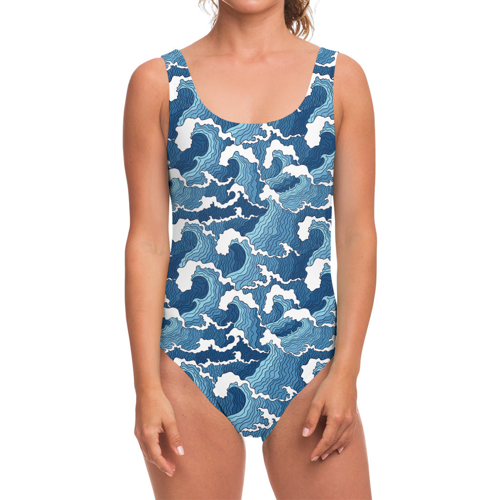 Blue Japanese Wave Pattern Print One Piece Swimsuit