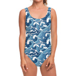 Blue Japanese Wave Pattern Print One Piece Swimsuit