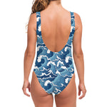 Blue Japanese Wave Pattern Print One Piece Swimsuit