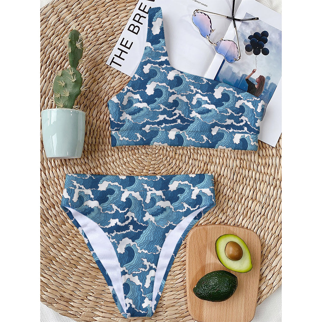 Blue Japanese Wave Pattern Print One Shoulder Bikini Top