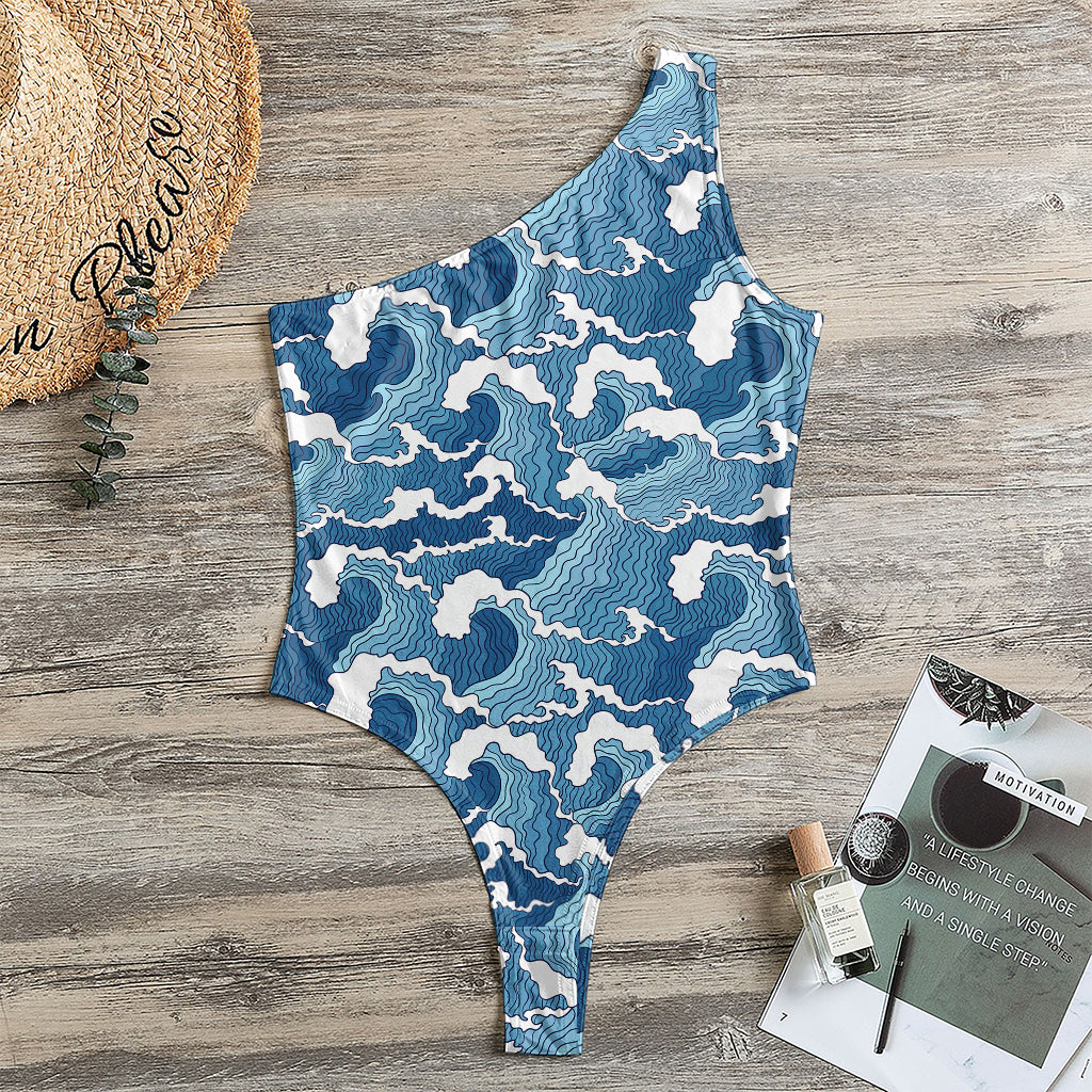 Blue Japanese Wave Pattern Print One Shoulder Bodysuit