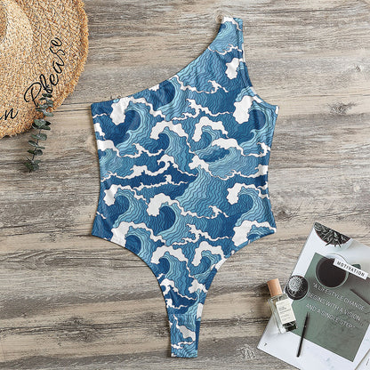 Blue Japanese Wave Pattern Print One Shoulder Bodysuit