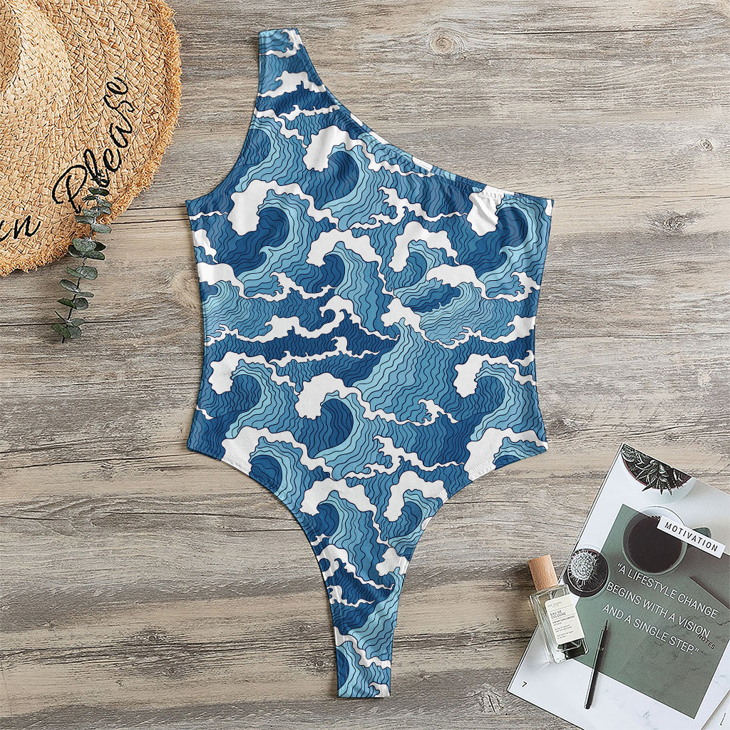 Blue Japanese Wave Pattern Print One Shoulder Bodysuit