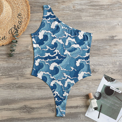 Blue Japanese Wave Pattern Print One Shoulder Bodysuit