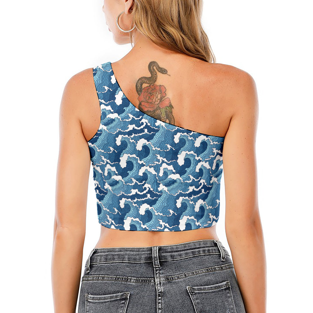 Blue Japanese Wave Pattern Print One Shoulder Crop Top