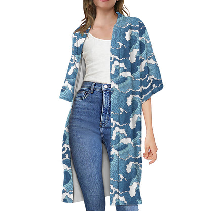 Blue Japanese Wave Pattern Print Open Front Beach Cover Up