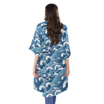 Blue Japanese Wave Pattern Print Open Front Beach Cover Up