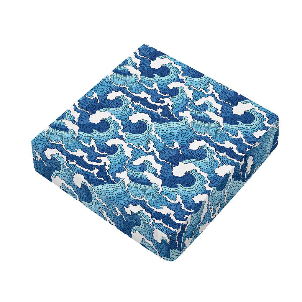 Blue Japanese Wave Pattern Print Outdoor Seat Cushion Cover
