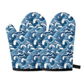Blue Japanese Wave Pattern Print Oven Mitts