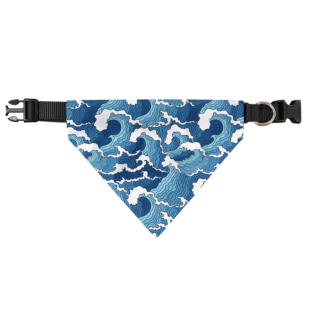 Blue Japanese Wave Pattern Print Over The Collar Dog Bandana