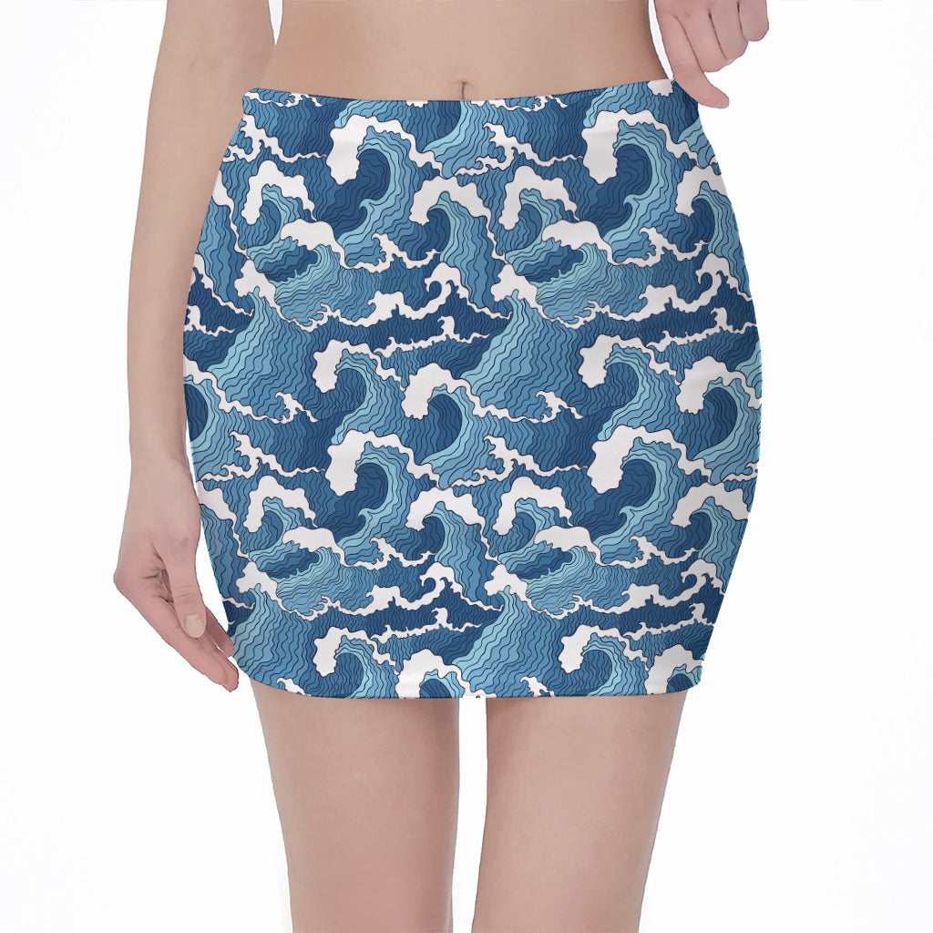 Blue Japanese Wave Pattern Print Pencil Mini Skirt