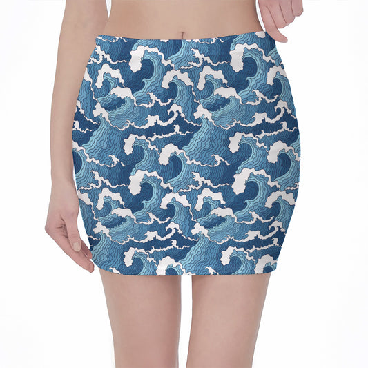 Blue Japanese Wave Pattern Print Pencil Mini Skirt
