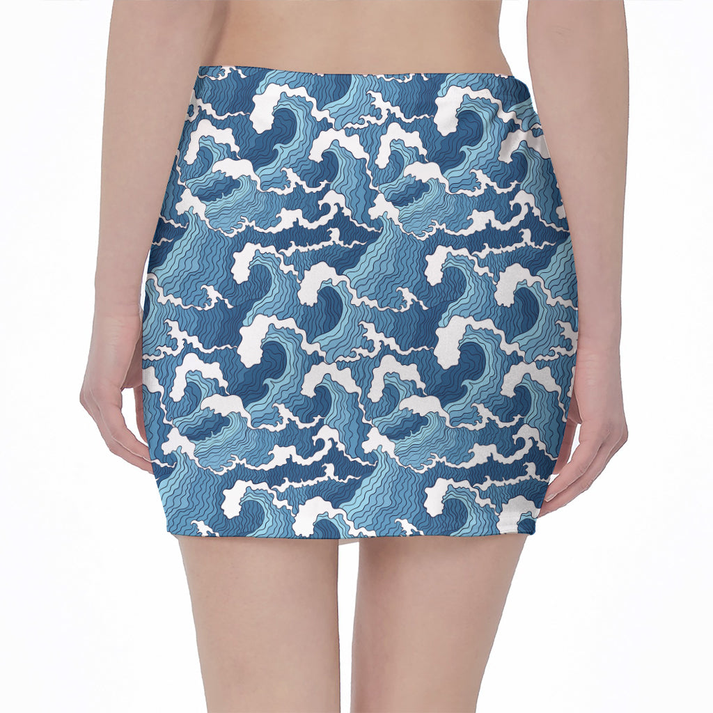 Blue Japanese Wave Pattern Print Pencil Mini Skirt