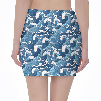 Blue Japanese Wave Pattern Print Pencil Mini Skirt