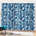 Blue Japanese Wave Pattern Print Pencil Pleat Curtains