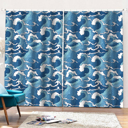 Blue Japanese Wave Pattern Print Pencil Pleat Curtains