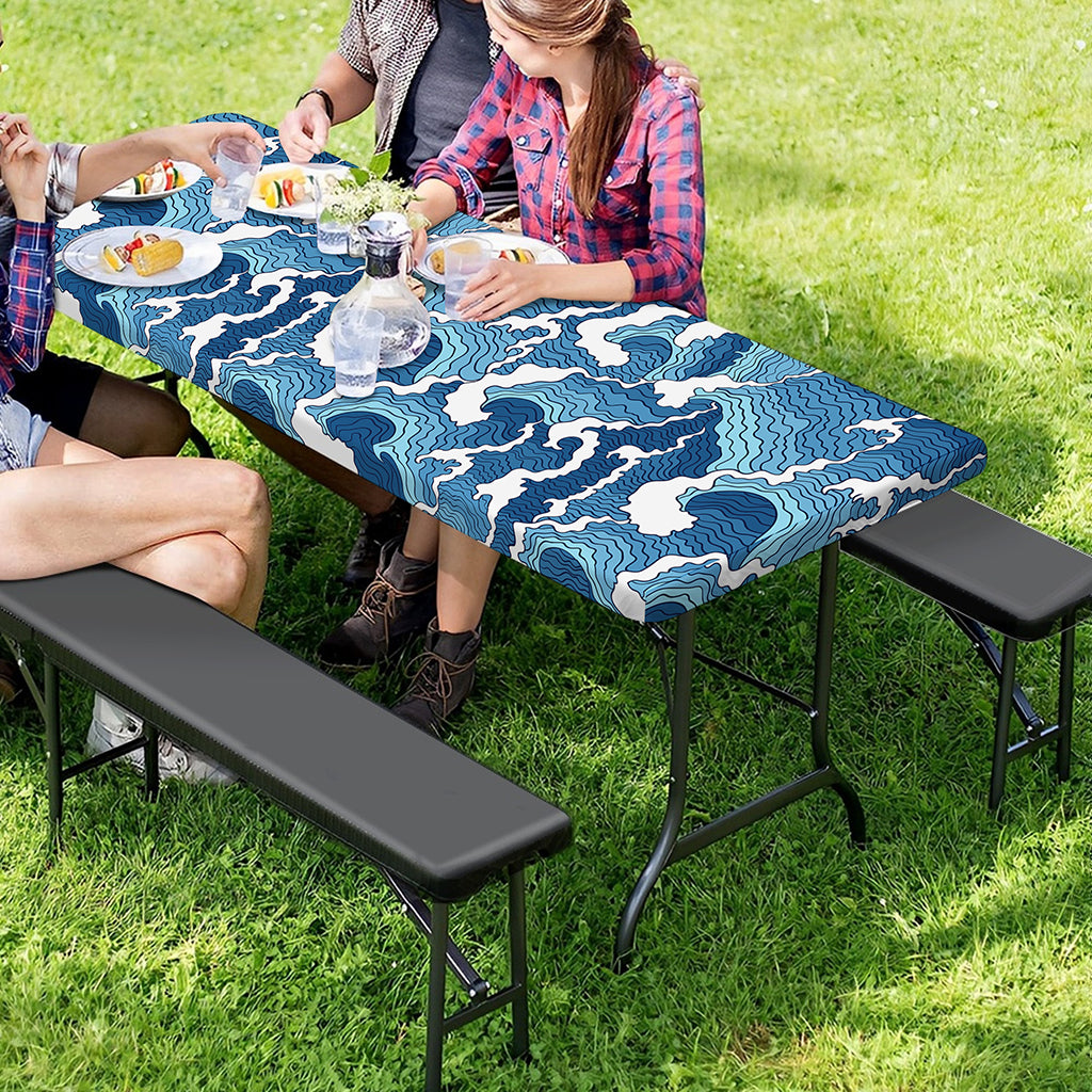 Blue Japanese Wave Pattern Print Picnic Table Cover