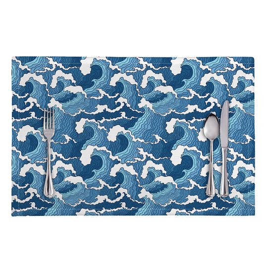 Blue Japanese Wave Pattern Print Placemat