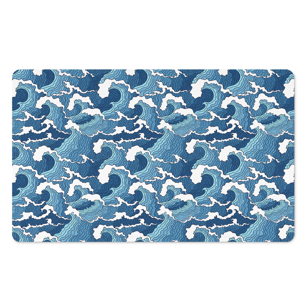 Blue Japanese Wave Pattern Print Polyester Doormat