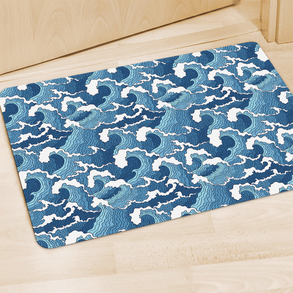 Blue Japanese Wave Pattern Print Polyester Doormat
