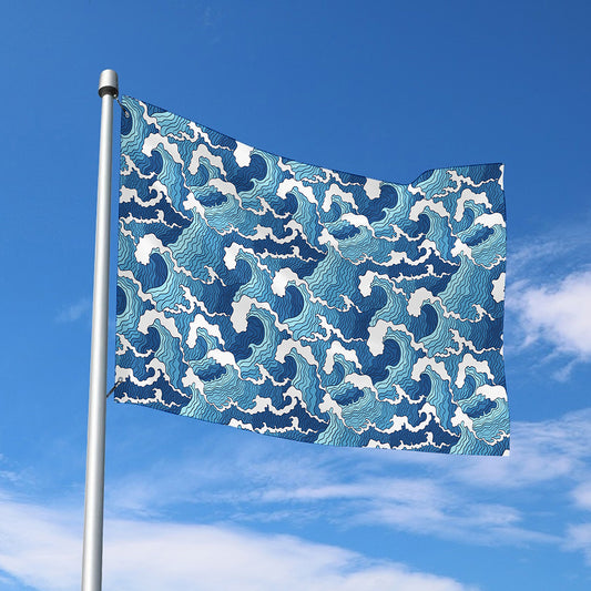 Blue Japanese Wave Pattern Print Polyester Flag