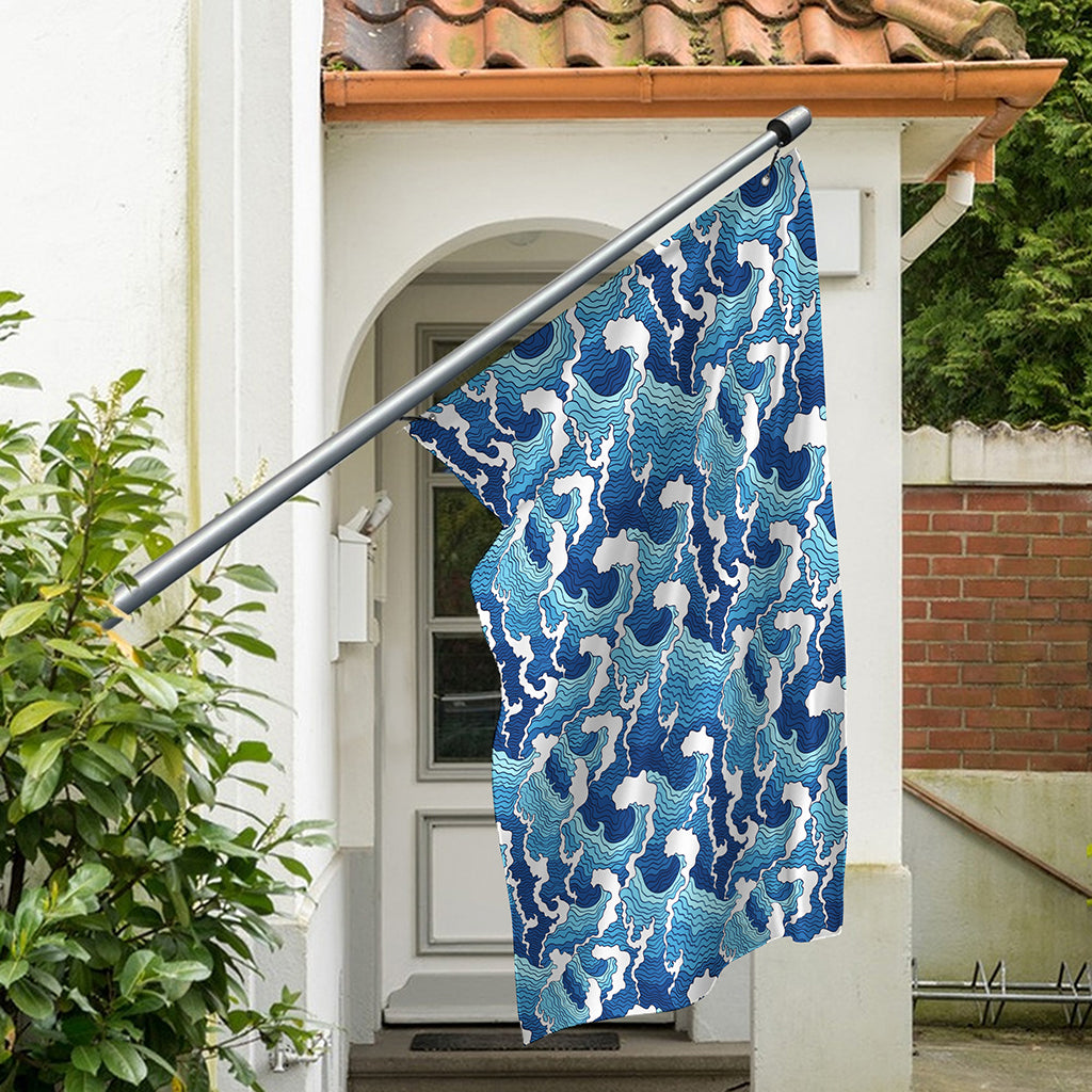 Blue Japanese Wave Pattern Print Polyester Flag