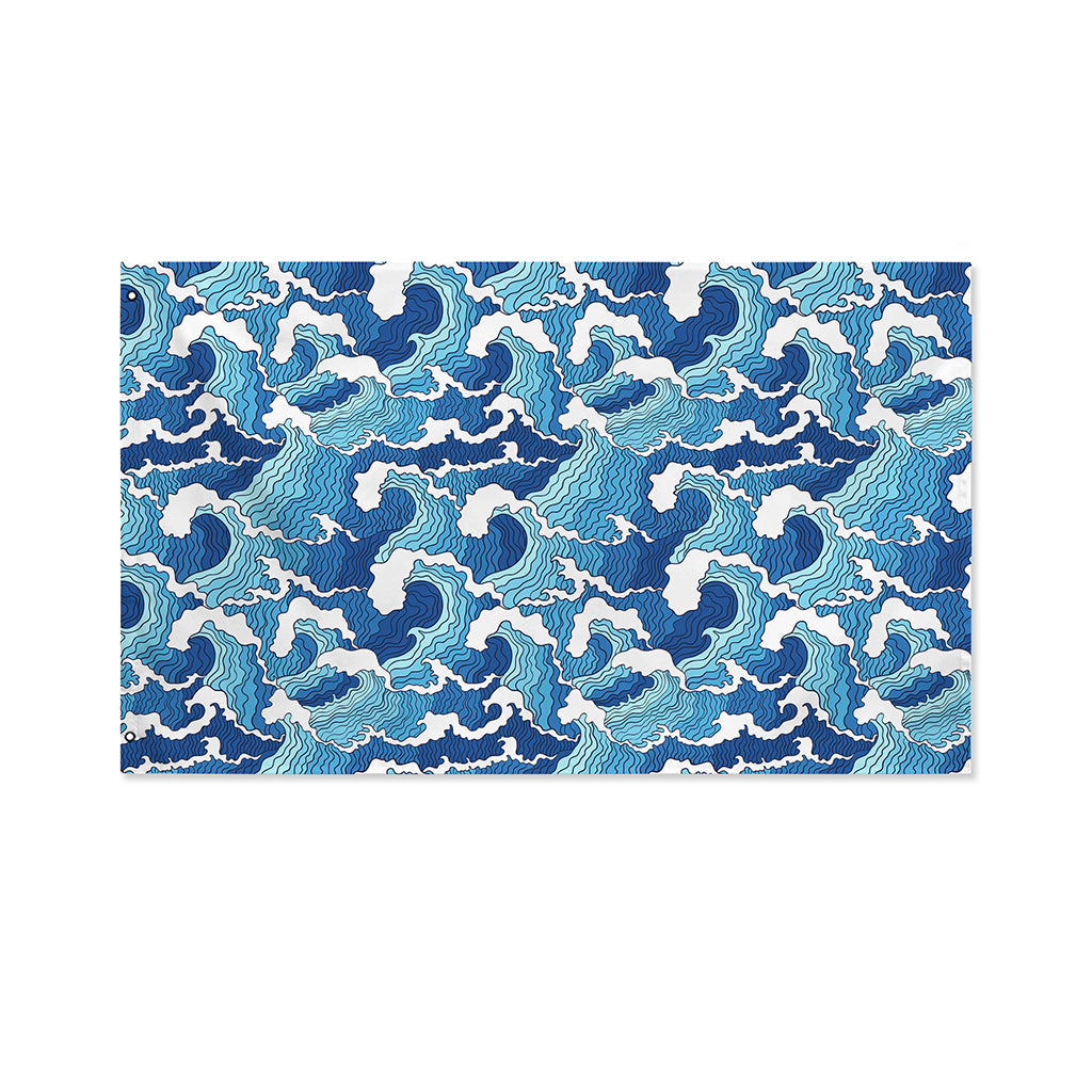 Blue Japanese Wave Pattern Print Polyester Flag