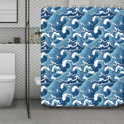 Blue Japanese Wave Pattern Print Polyester Shower Curtain