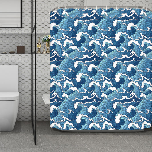 Blue Japanese Wave Pattern Print Polyester Shower Curtain
