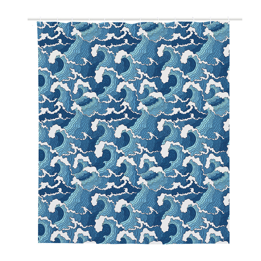 Blue Japanese Wave Pattern Print Polyester Shower Curtain