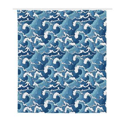 Blue Japanese Wave Pattern Print Polyester Shower Curtain