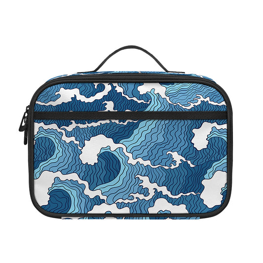 Blue Japanese Wave Pattern Print Portable Lunch Bag