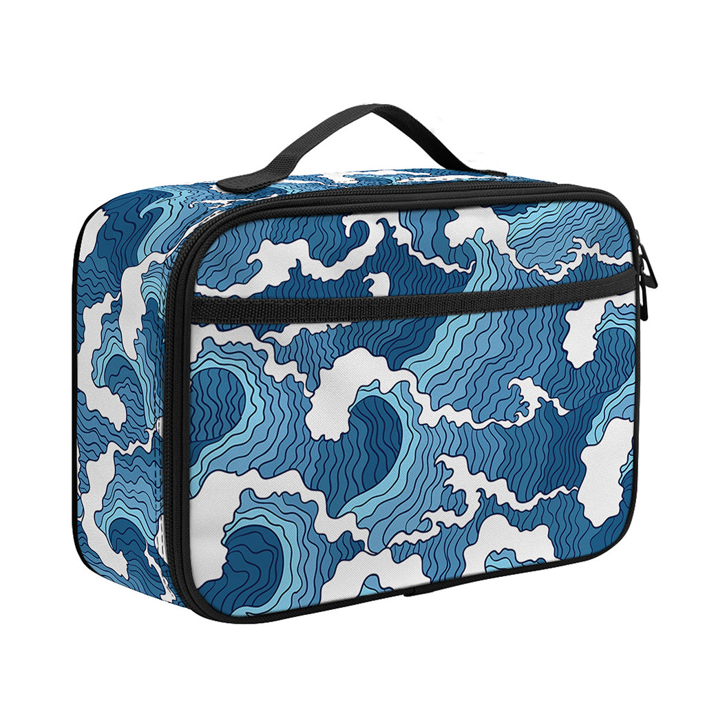 Blue Japanese Wave Pattern Print Portable Lunch Bag