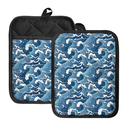 Blue Japanese Wave Pattern Print Pot Holders With Pocket