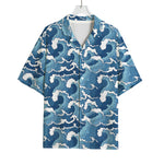 Blue Japanese Wave Pattern Print Rayon Hawaiian Shirt