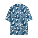 Blue Japanese Wave Pattern Print Rayon Hawaiian Shirt