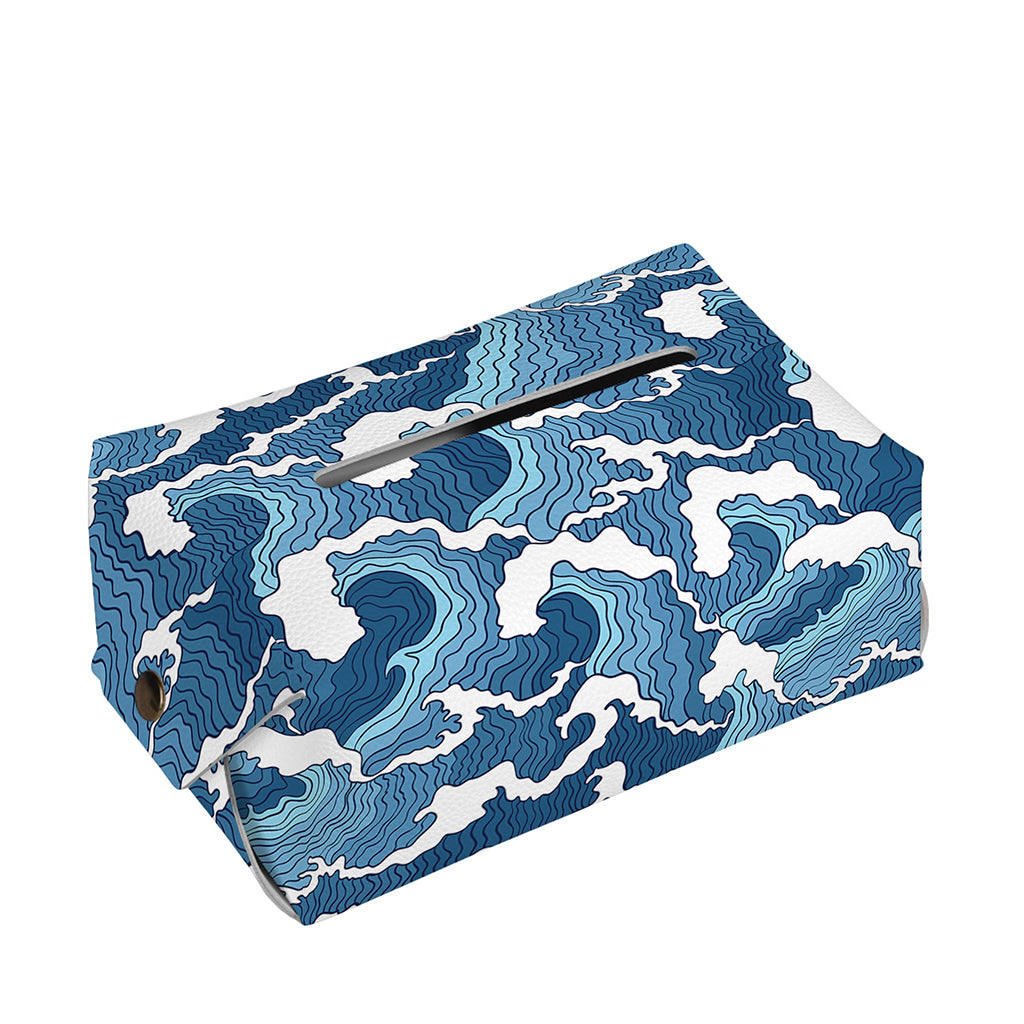 Blue Japanese Wave Pattern Print Rectangle Tissue Box Cover