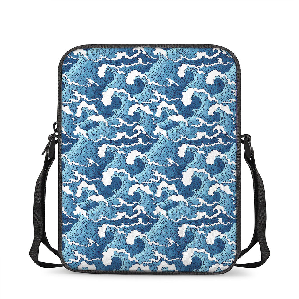 Blue Japanese Wave Pattern Print Rectangular Crossbody Bag
