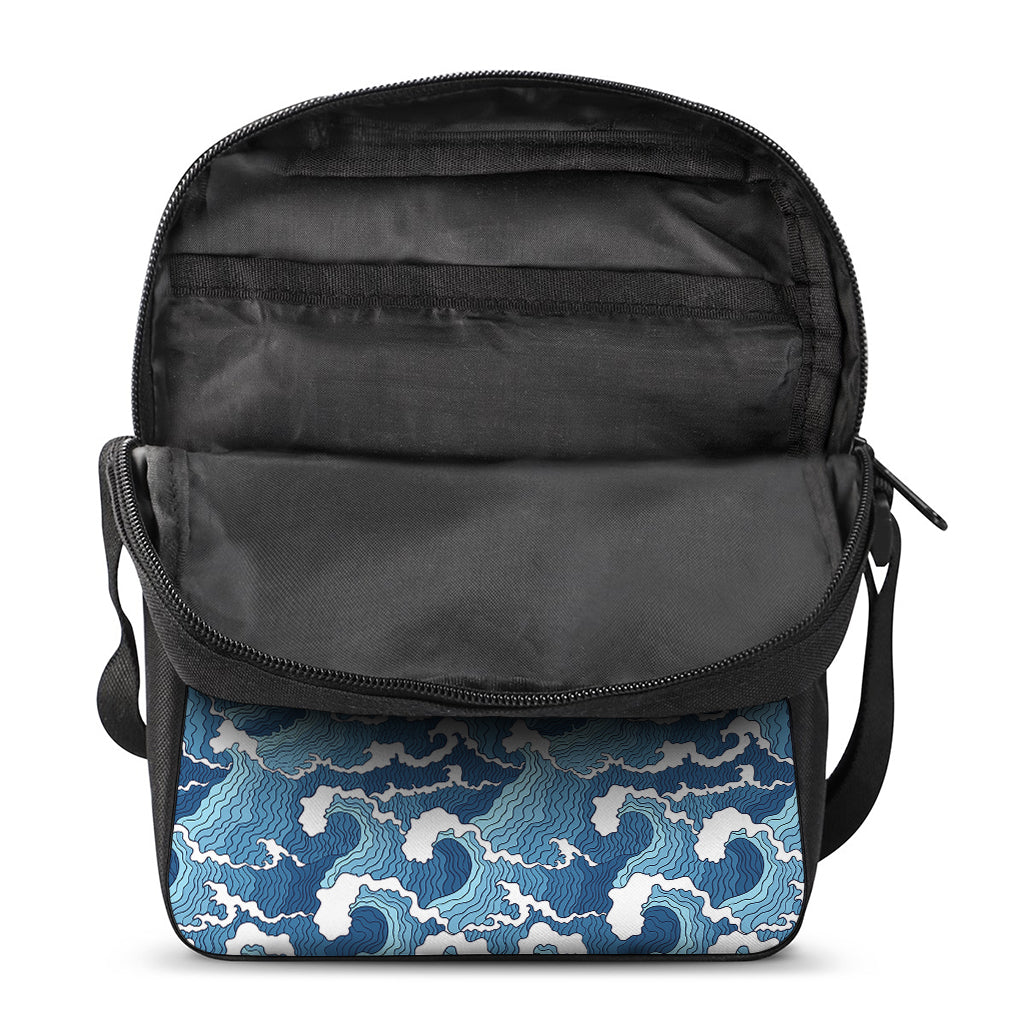 Blue Japanese Wave Pattern Print Rectangular Crossbody Bag