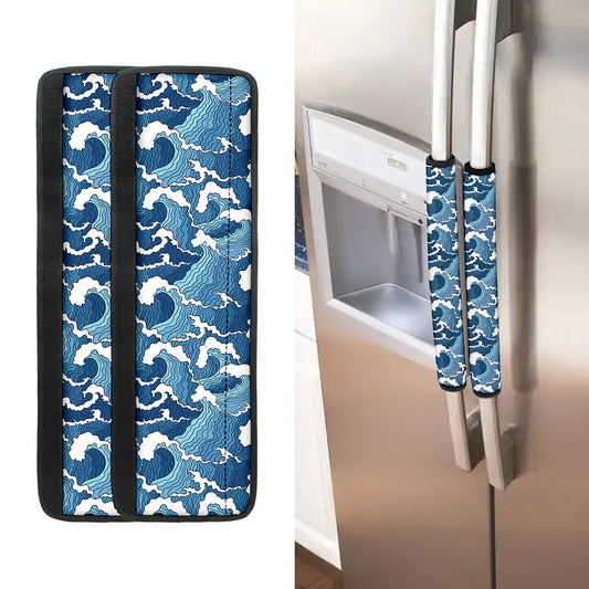 Blue Japanese Wave Pattern Print Refrigerator Handle Covers