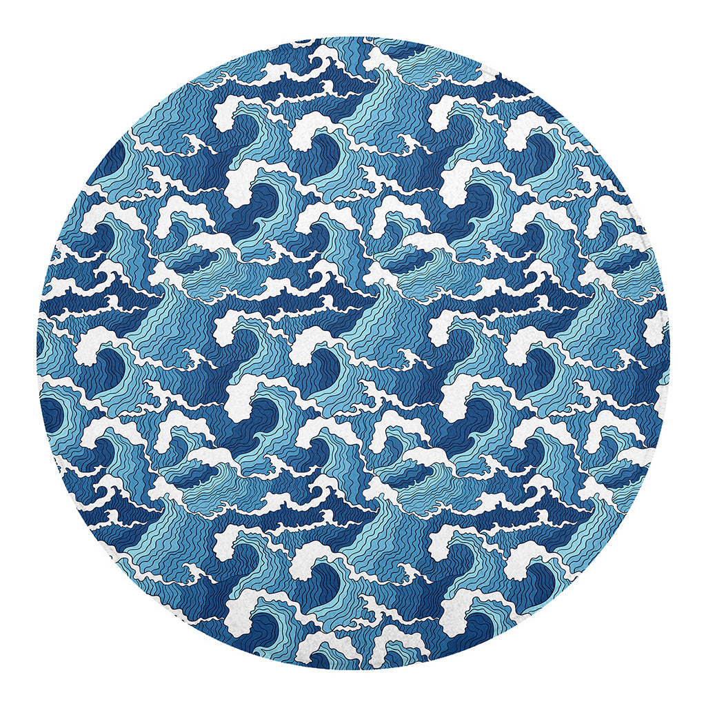 Blue Japanese Wave Pattern Print Round Blanket