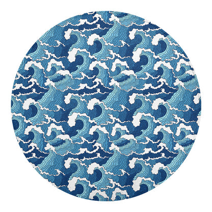 Blue Japanese Wave Pattern Print Round Blanket