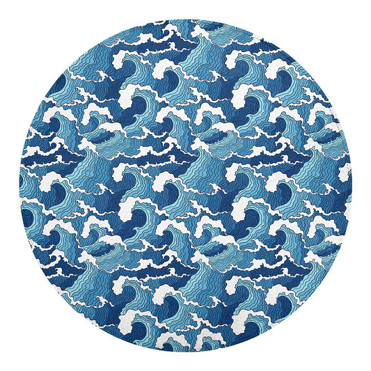 Blue Japanese Wave Pattern Print Round Blanket