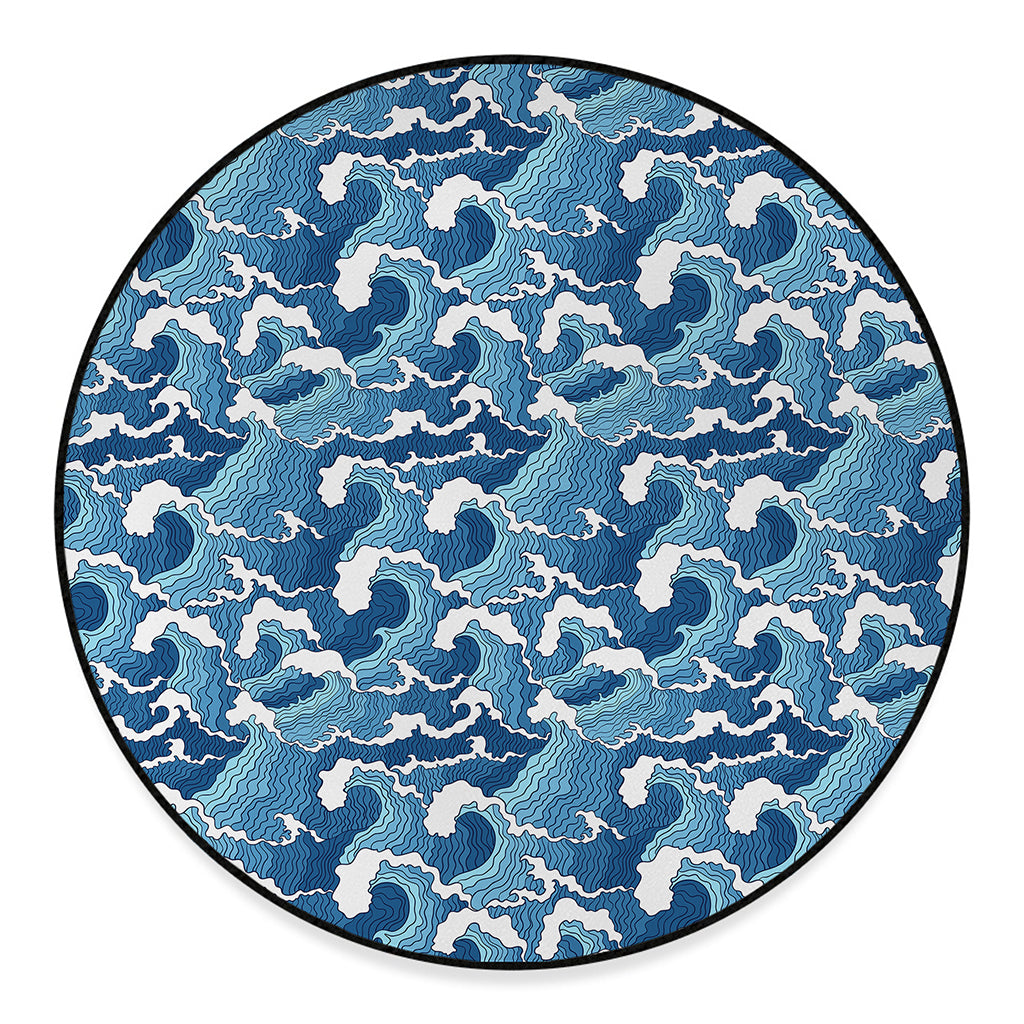Blue Japanese Wave Pattern Print Round Floor Mat